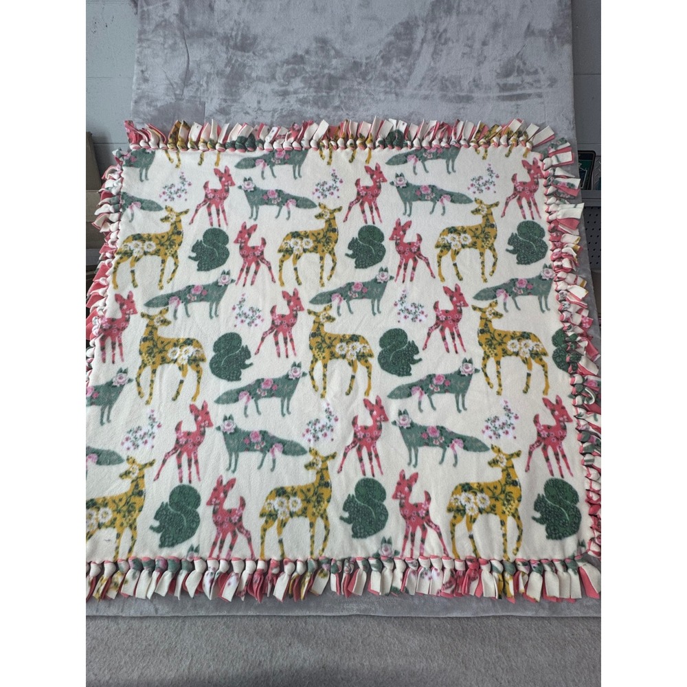 Handmade Woodland Animal Floral Fleece Tie Blanket Pink Green Deer Fox 45x45